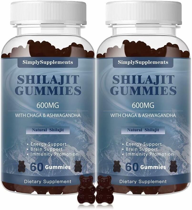 Shilajit Gummies 600mg, Shilajit lisand koos jälgede mineraalidega ja Fulvic Acid energia ja immuunsuse toetamiseks, orgaaniline Shilajit vaik meestele ja naistele, Vegan, 60 Gummies (2 Pack)