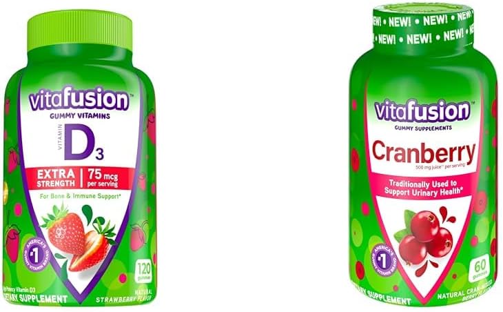 Vitafusion Extra Tugevus Vitamiin D3 Gummy Maasikas Maitsestatud Luu Ja Immuunsüsteemi Toetus (120 Count) + Jõhvikakummid Naistele Kuseteede Tervisetoetus (60 Count)