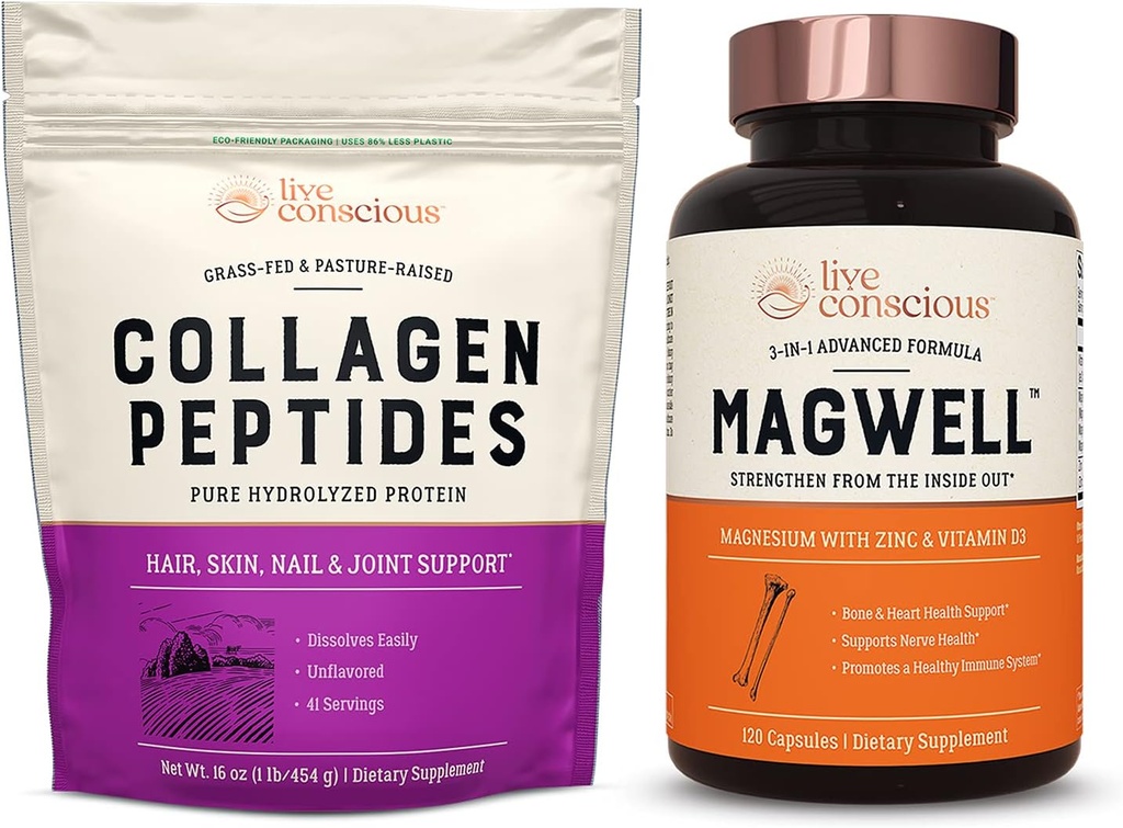 Elus Teadlik Kollageen Peptiidid & MagWell Magneesium Tsink & Vitamiin D3 | Juuksed, nahk, küüned ja liigeste tugi + Luu ja südame tervis, immuunsüsteemi tugi