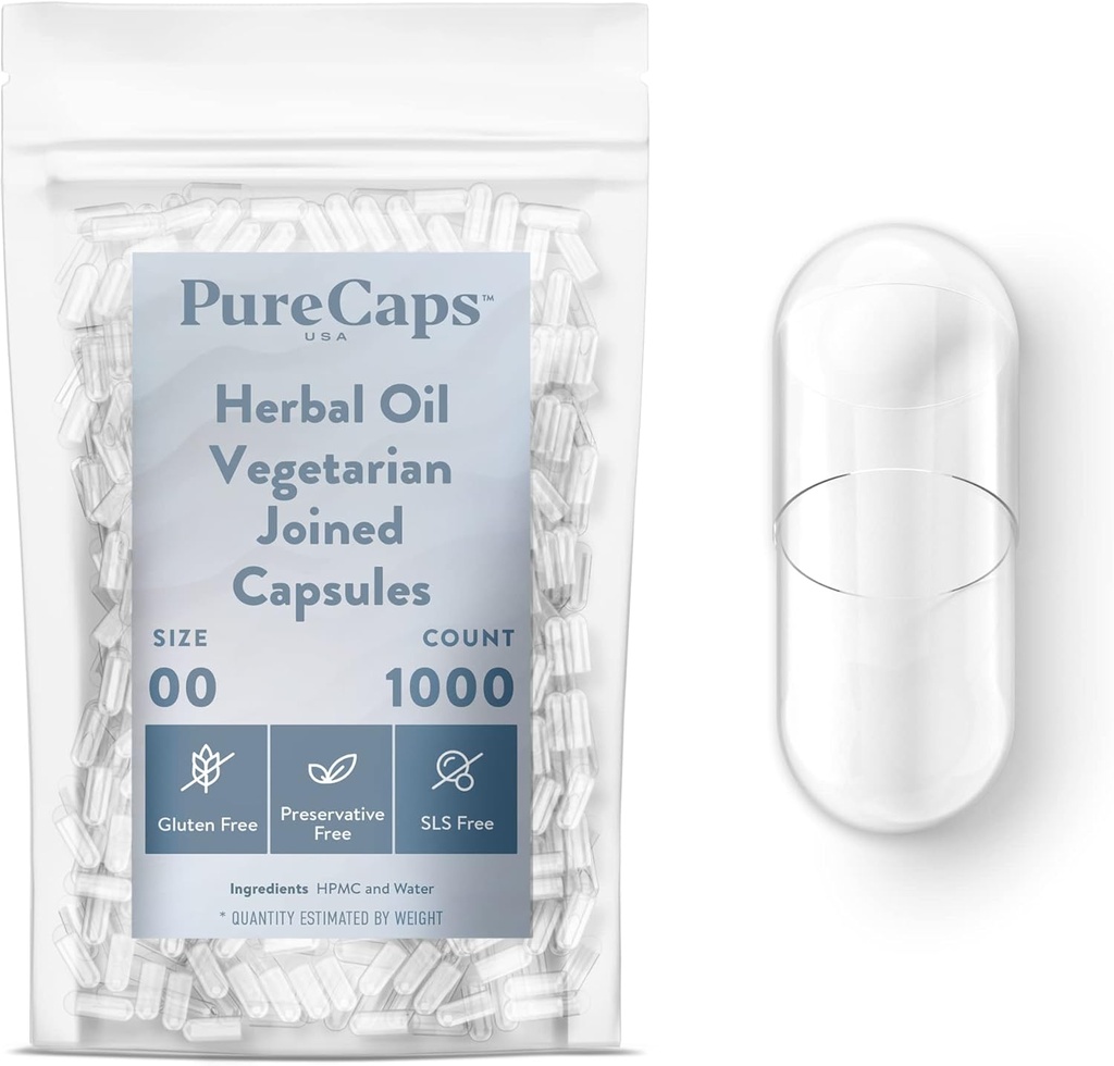 Purecaps USA - Tühjad taimeõli Taimetoitlane Vegan Pill Kapslid Suurus 00| 1000 Ühendatud Pillid | Clear| Non-GMO Certified| SLS, Gluteen, säilitusaineteta