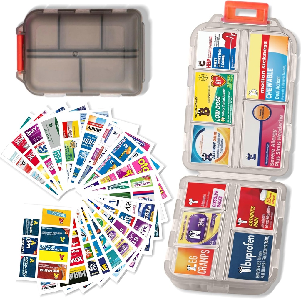 Pill Korraldaja koos ravimitega Sildid Reisi igapäevane pillide konteiner Mini Ravimite Korraldaja Ladustamine Pill Korraldaja Travel Essentials Pill Case 7 Day (Pink & 161 Lables)