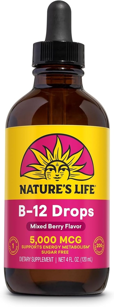 Looduse elu B12 langeb 5000 mcg - Vitamiin B12 Metüülkobalamiin - Vedel B12 lisand energia ainevahetusele, närvifunktsioonile ja punaste vereliblede toetusele Looduslik segatud marja, suhkruvaba (200 Serv, 4oz)