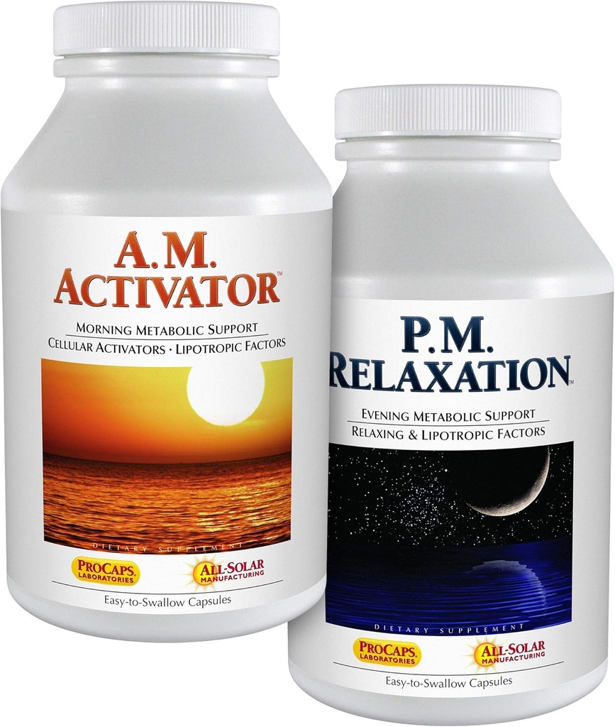 ANDREW LESSMAN A.M. Activator ja P.M. Lõõgastav Kit - 30 kapslit iga - A.M. Activator edendab energia ja rasva ainevahetust, samal ajal kui P.M. Lõõgastav soodustab rahulikku öö und