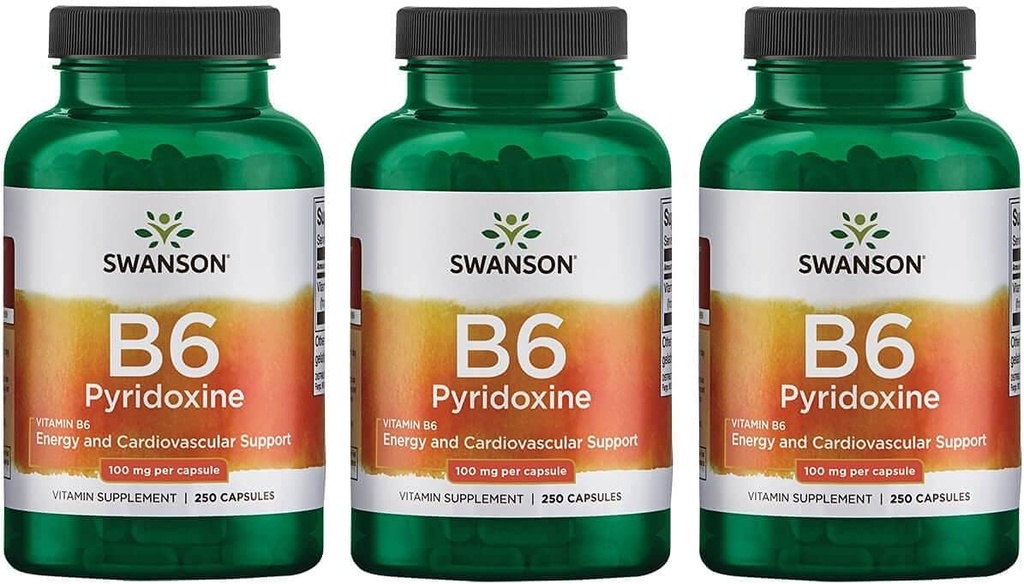 Swanson B6 püridoksiin - vitamiinilisand, mis soodustab südame-veresoonkonna tervist ja energia ainevahetust - looduslik valem, mis soodustab üldist heaolu - (250 kapslit, 100 mg iga) 3 pakendit