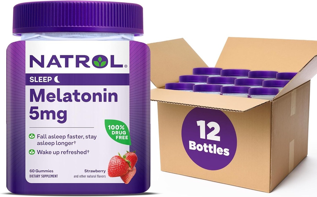 Natrol 5mg melatoniin Gummies, unetoetus täiskasvanutele, melatoniini lisandid magamiseks, 60 maasikamaitselist Gummies, 30 päeva pakkumine (Pack of 12)