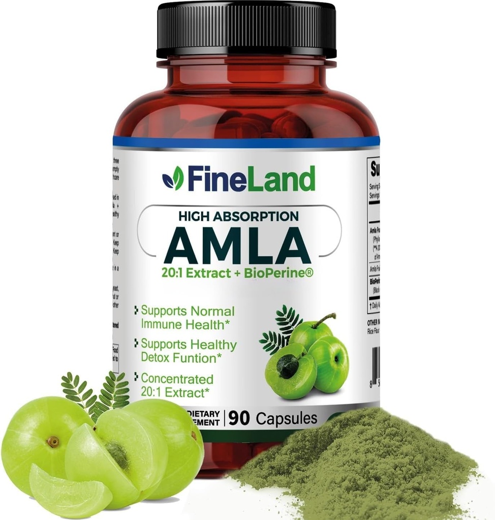FineLand Amla (India karusmarjas) 20X täisspektri ekstrakt – 30 600 mg ekvivalent ühe serveerimise kohta BioPerine®-ga imendumise jaoks, rikas loodusliku C-vitamiini, immuun- ja seedesüsteemi tugi – 90 vegankapslit