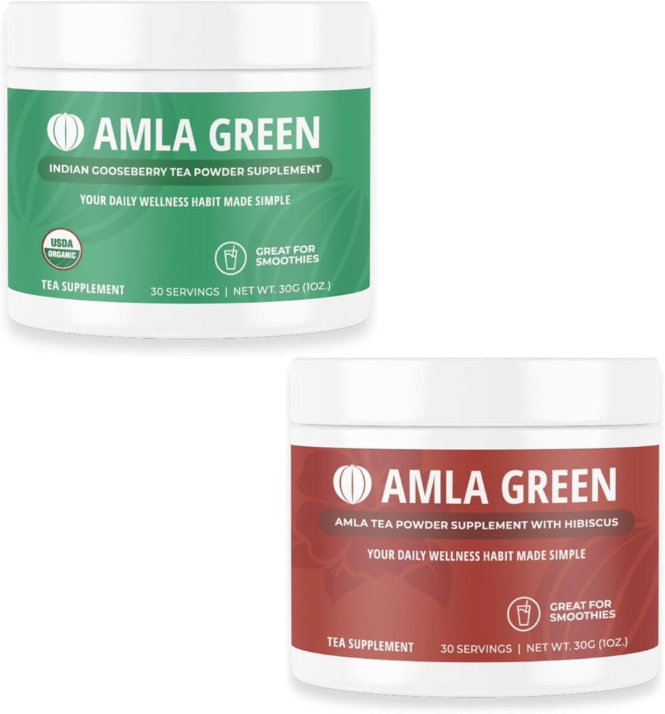 Amla Powder & Green Tea Superfood Supplement India karusmarjad & Hibiscus, Organic, Vegan, 30 Servings