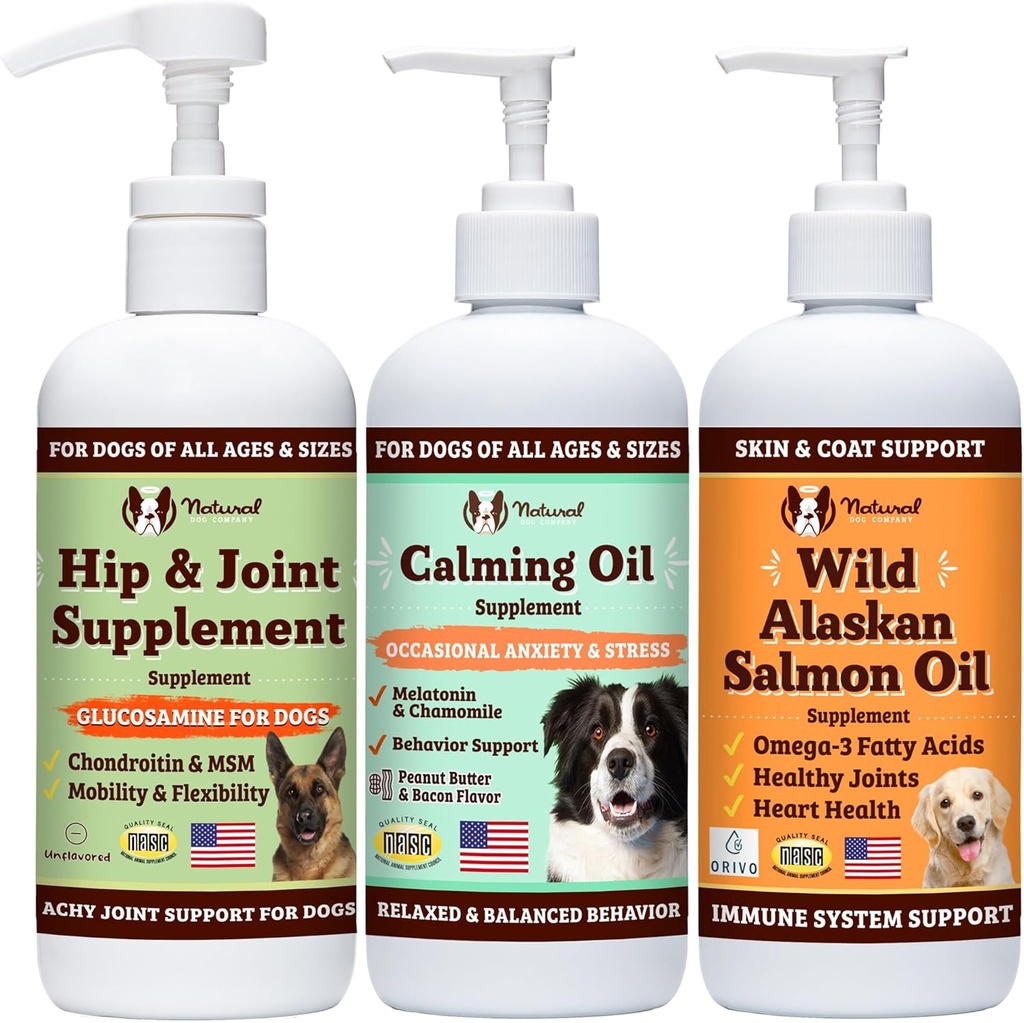 Natural Dog Company Wellness Bundle Food Oil Toppers Kaasa arvatud (1) Wild Alaskan Salmon Oil, (1) Vedel Glükosamiin, (1) Calming Oil