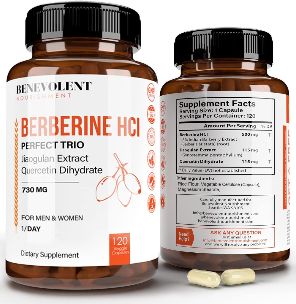 Premium Berberine HCL 730mg - 120 VCAPS Perfect Trio Complex with Non-GMO Jiaogulan & Quercetin