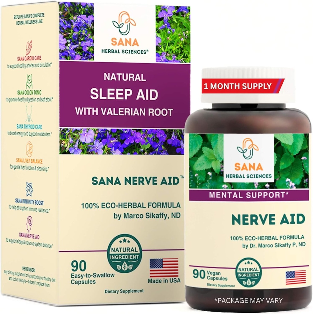 Valerian Juur Natural Sleep Aid Formula täiskasvanutele orgaaniline Pealuu, Lobelia & More - 90 kapslit - Dr Marco Sikaffy | Sana Herbal