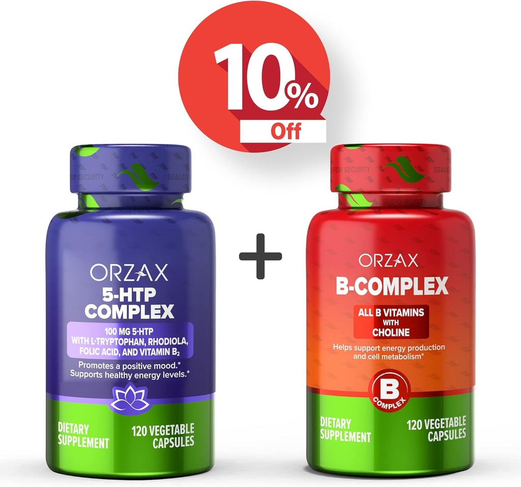 ORZAX 5 HTP kompleks 100 Mg 120 taimsed kapslid ja vitamiin B kompleks, B vitamiinid koos koliini ja inositool 120 kapslit, komplekt