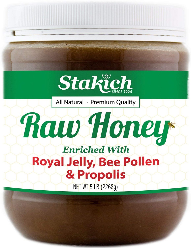 Stakich Royal Jelly, Bee Pollen, Propolis Enriched Raw Honey - Puhas, töötlemata, kuumutamata - 5 naela (80 Ounce)