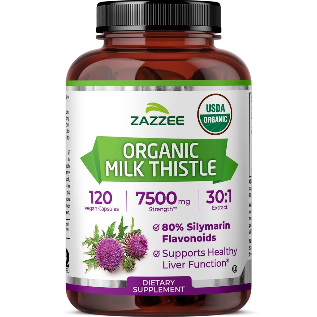 Zazzee USDA orgaaniline piimaohakas 30: 1 ekstrakt, 80% silymariin, 120 Vegankapslit, 4 kuu pakkumine, sertifitseeritud Kosher, kõrge potentsi maks ja antioksüdandi tugi, Silybum Marianum, Non-GMO, valmistatud USA-s