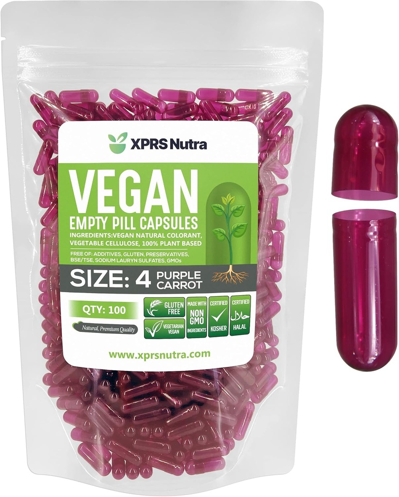 XPRS Nutra suurus 4 Tühjad kapslid - 100 loe väikesed tühjad vegankapslid - taimetoitlased pillid - DIY köögiviljakapslid - Täidetavad tee-seda-ise köögiviljakapslid toidulisandite jaoks (puhas porgand)