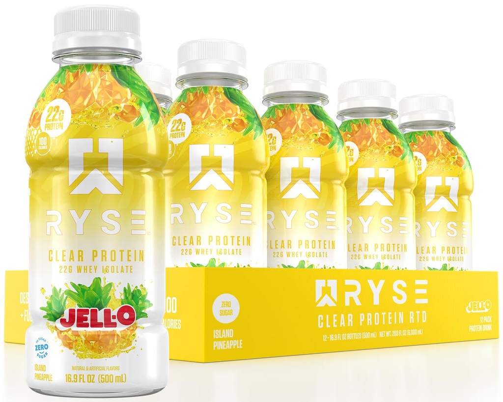RYSE selge valgujook - Jell-O saare ananass - 100 kalorit, 22 g vadaku isolaatvalgu raputamine, suhkruvaba, 0 g rasva ja laktoosivaba - värskendav valmisjook - 16,9 fl oz pudelid (12-pakend)