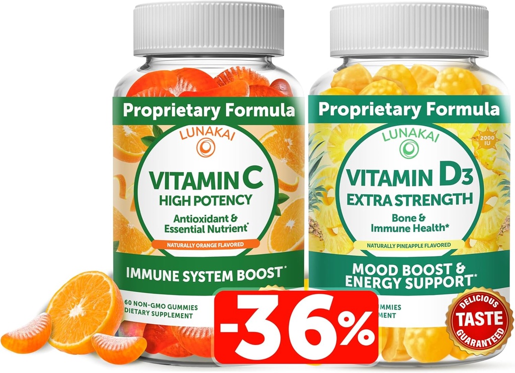 Lunakai C-vitamiin ja D3-vitamiin Gummies Bundle - 300mg orgaaniline, mitte-GMO, vegan närimiskumm - täiskasvanute immuunsus, luu ja meeleolu tugilisa