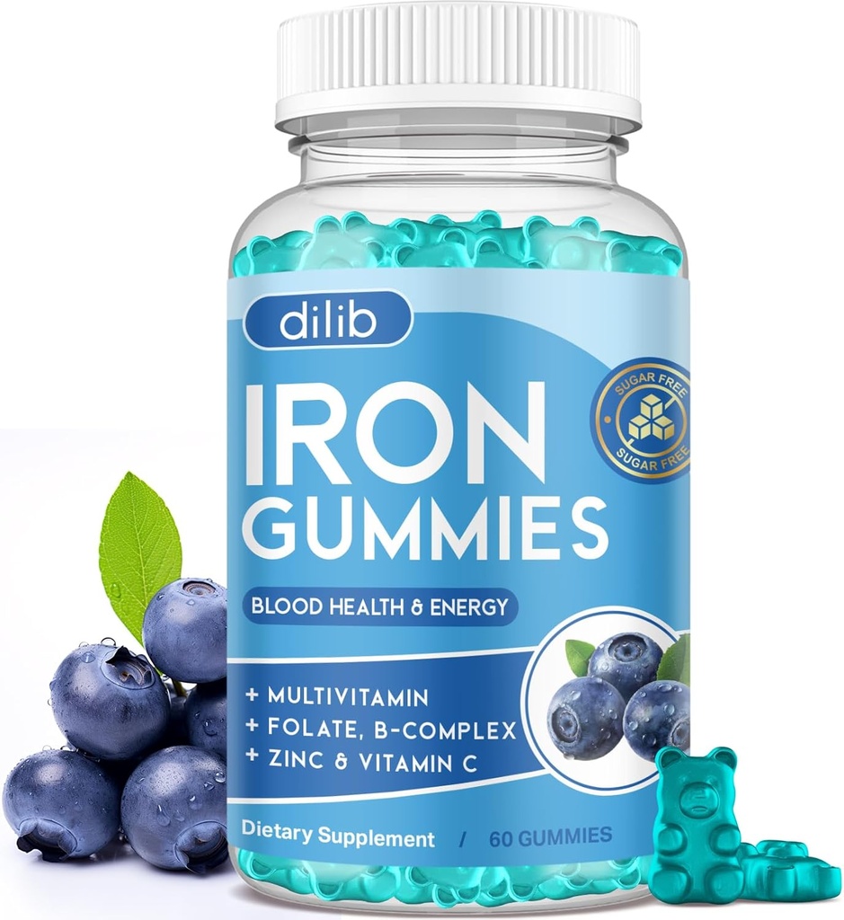 Raudkummid multivitamiiniga, raualisand tsingiga naistele ja meestele, B-vitamiini kompleks & C, B12, folaat - vereehitaja & energiatoetus täiskasvanutele ja lastele - mustikamaitse, Vegan 60 Gummies