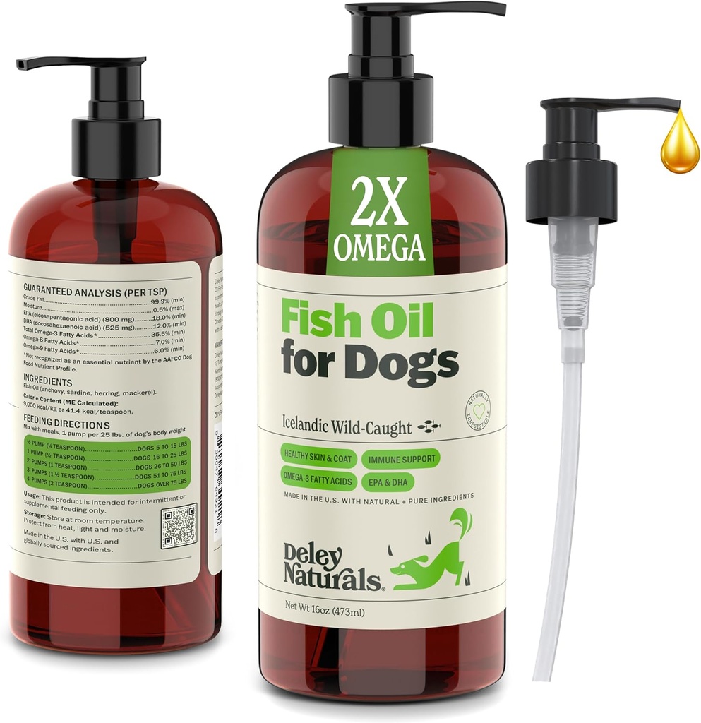 Deley Naturals Dog Fish Oil Islandi 2X Omega - Koerte sügelemine Naha leevendus Omega 3 6 9 allergiatele, kate ja süda - Omega 3 Kalaõli koertele Nahaärritus - 16oz Omegaõli Ameerika Ühendriikides valmistatud koertele