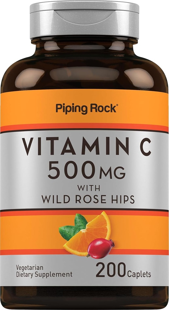 Piping Rock Vitamiin C | 500mg | 200 Caplets | Rose HIPS | Taimetoitlane, mitte-GMO, gluteenivaba toidulisand