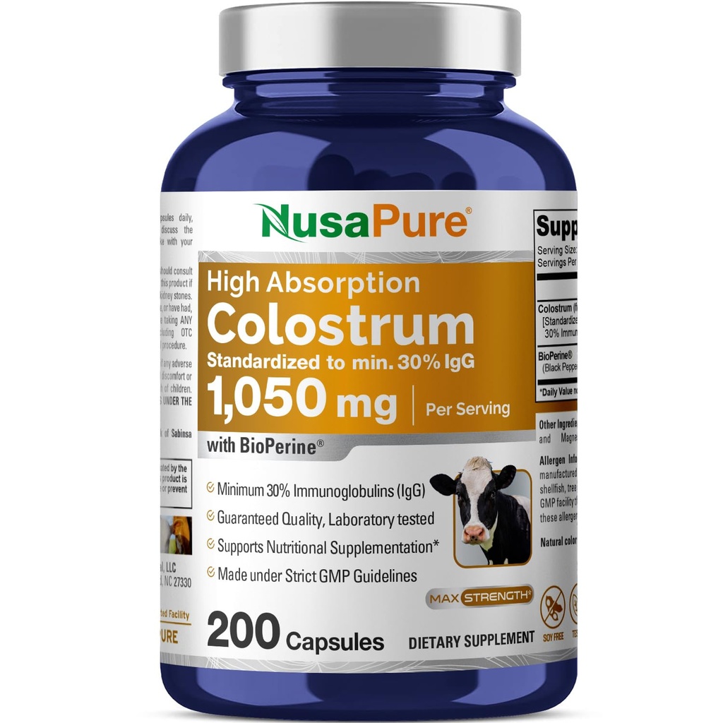 NusaPure Colostrum 1050mg 30% IgG 200 kapslid (Non-GMO, Soyfree) Bioperine