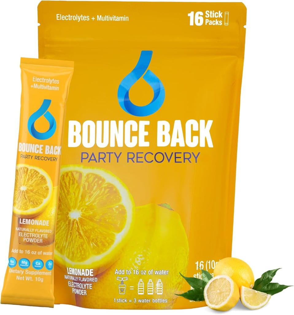 Bounce Back Pre and Post Drinking Maksatoetus | Elektrolüüt + vitamiinid ja mineraalhüdratsiooni pakendid | Ideaalne pärast ööd | Puhkus ja reisimine Essential (16 Pack, Lemonade)