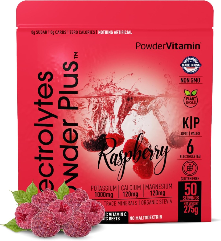 PowderVitamin Electrolytes Powder Plus (50 Servings) Vaarika elektrolüüt Pulber Nullkalor Keto, 0 Suhkur, Ei Maltodekstriin,1000mg Kaalium,120mg Kaltsium,120mg Magneesium, Hüdratsioon Pulber