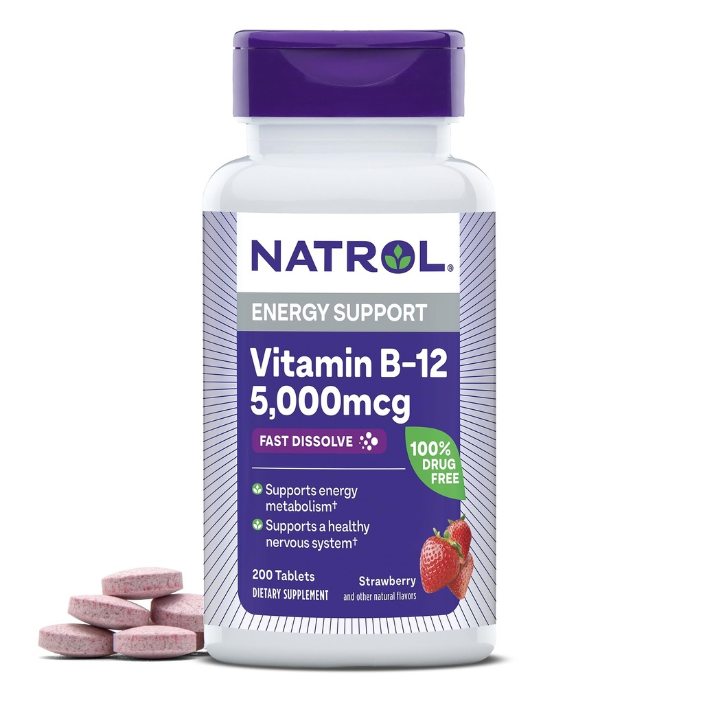 Natrol Vitamiin B12 5000 mcg, kiiresti lahustuv vitamiin B12 täiendus toetab tervislikku närvisüsteemi ja energia ainevahetust, 200 tabletti, kuni 200 päeva pakkumine