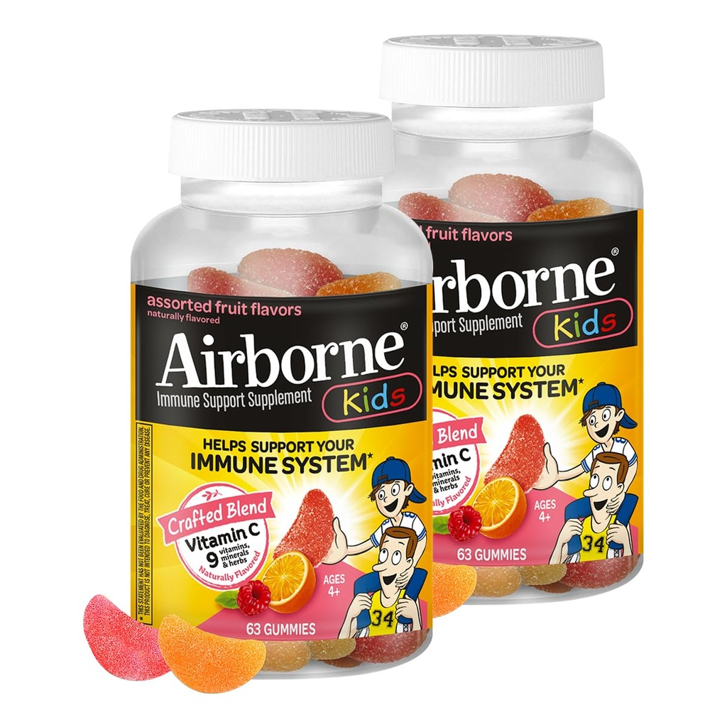 Airborne Kids 500mg C-vitamiini kummikud, lapsed Immune Support Tsink Gummies koos võimsate antioksüdantidega VIT C & E - 63 Gummies, sorteeritud puuviljamaitse (pakk 2)