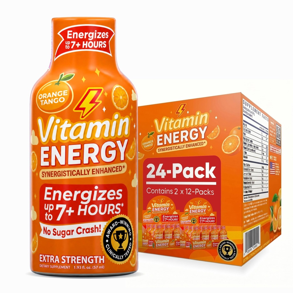 Vitamiin Energia Immuunsus + ekstra tugevus Energia Shot Orange Burst 24 Pack, 260mg looduslik kofeiin, B-vitamiinid, tsitikoliin, roheline tee, immuunsuse ja fookuse toetus, null suhkur, gluteenivaba 1,93 fl oz