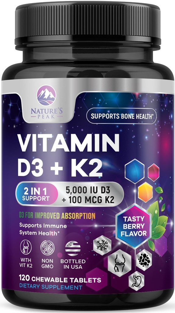 Vitamiin D3 K2 - 5000 iu Vitamiin D3 & 100 mcg Vitamiin K2 (MK-7) Kompleks immuunsüsteemi toetamiseks - Luud, hambad ja lihased Tervisetoetus - Berry närimistable, Gluteenivaba, Non-GMO, villitud USA - 120 tabletti