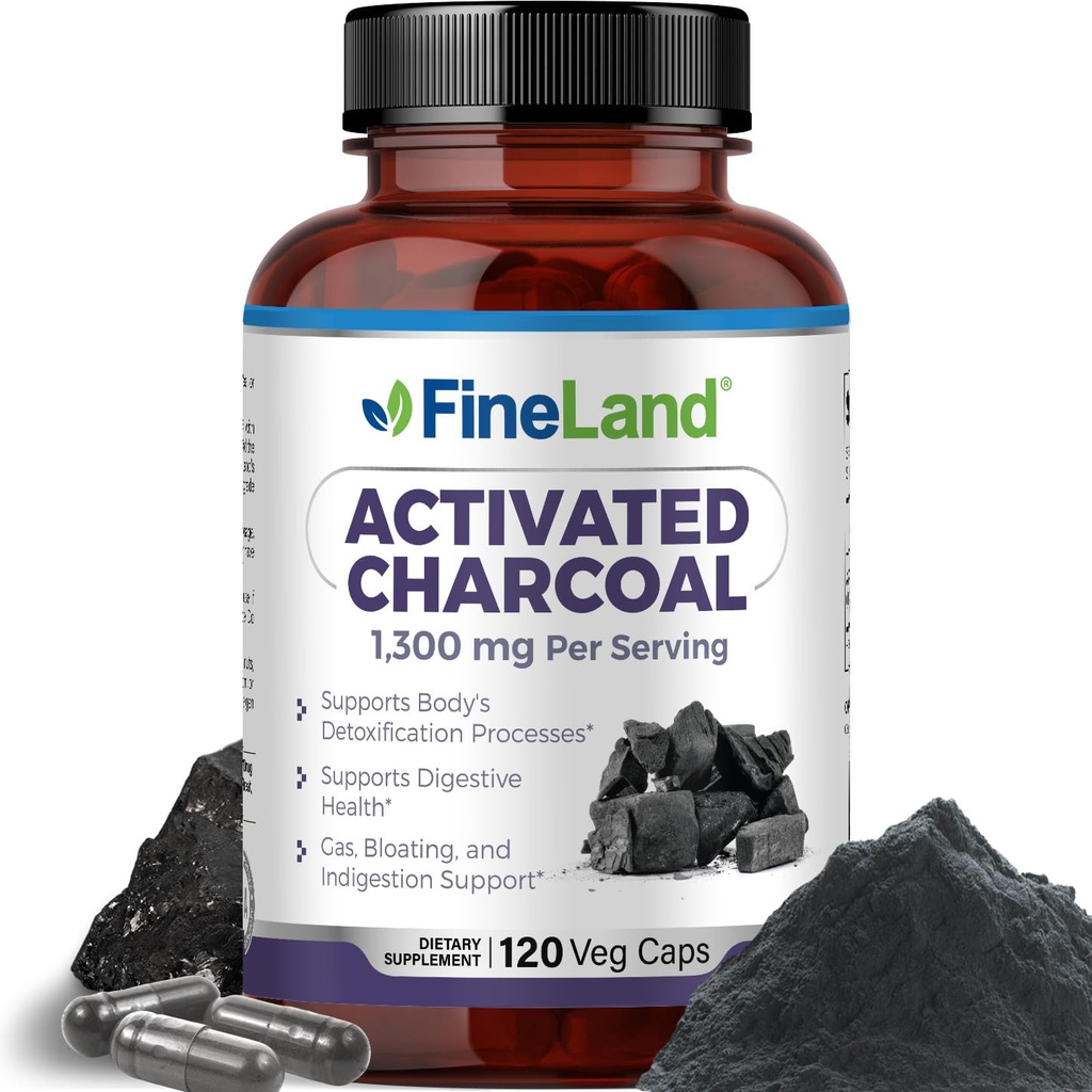 FineLand Aktiivsüsi 1300mg - Advanced Seedetrakti Detox Puhastamine, Aitab Gaasi Ja Puhumise, Ringluse Ja Kolesteroal Toetus - Made in USA, 120 Vegan Pills