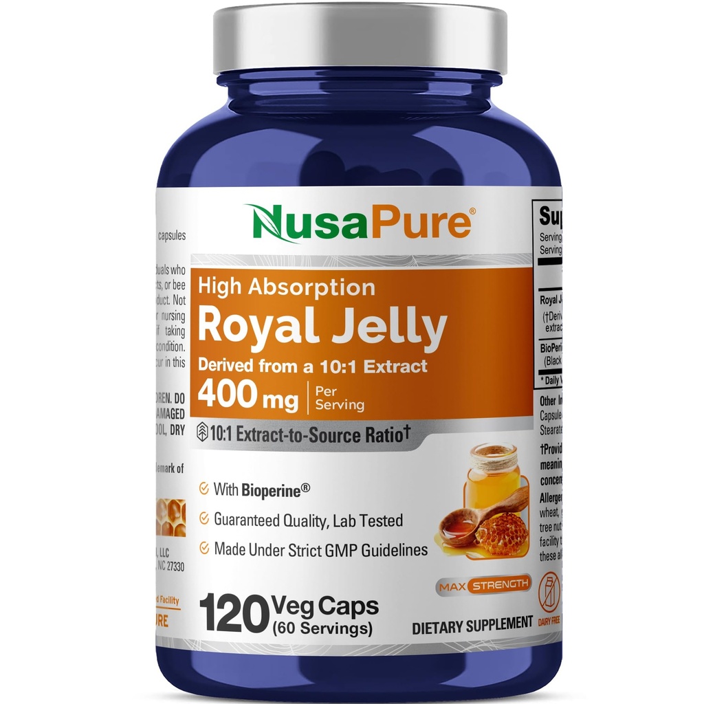 NusaPure Royal Jelly 10: 1 Ekstrakt, 400 mg, mis vastab 4000mg - 120 Veggie kapslit (GMO-väline, Gluteenivaba, bioperiin)