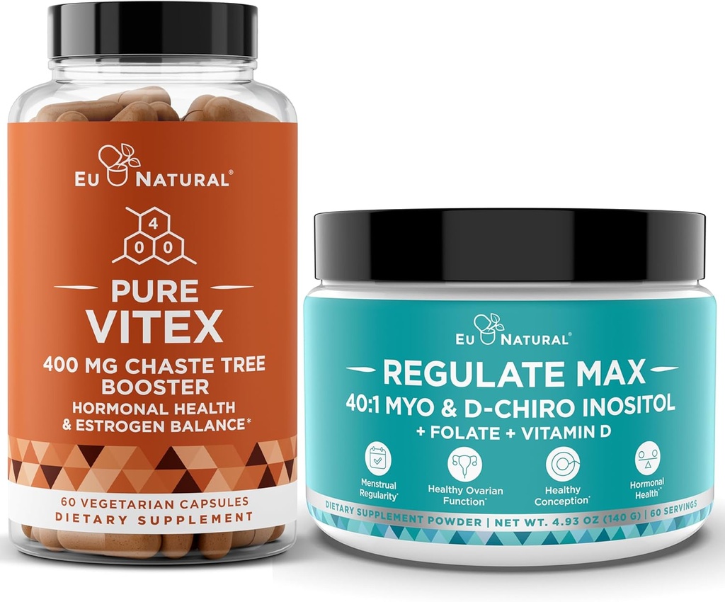 Vitex Chasteberry Capsules & Regulate Max Myo-Inositool D-Chiro Inositool Pulber - Natural PMS & Fertility Support, Balance Hormoonid, Regulaarne tsükkel - 60 Vegan Soft Capules + 60 Servings Inositool Pulber