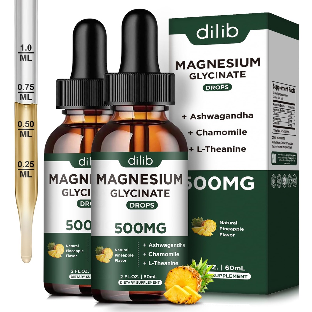 (2 Pack) Magneesiumglütsinaadi lisand, magneesiumvedelik tilgad magneesiumglütsinaadiga 500mg Ashwagandha, L - Theanine, Kummel - Toetab optimaalset rahulikku unevegan