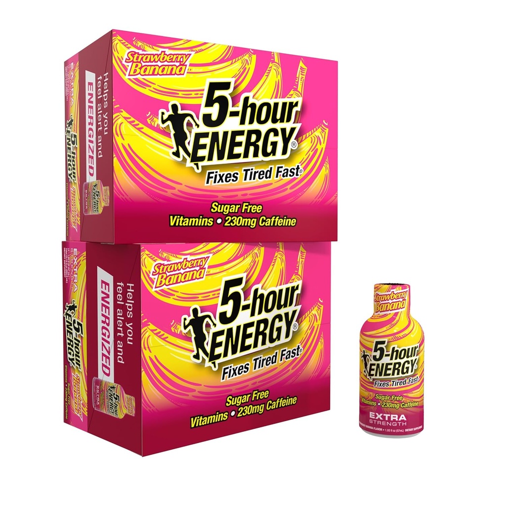 5-tunnine Energy Extra Tugevus Energia Shot, maasika banaan Maitse (1,93 oz., 24 Count) Suhkruvabad ja nullkalorid, B-vitamiinid ja Aminohapped, 230mg Kofeiiniga Energia Shot, Toidulisandi