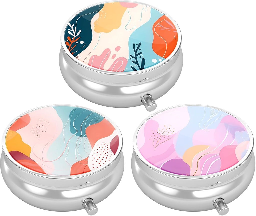 3 Pack Pill Box, Small Pill Case for Purse & Pocket, Cute Travel Medicine Organizer, Portable Medicine Container Holder to Hold Vitamins, Medication, Fish Oil & Supplement, Art Style Pattern