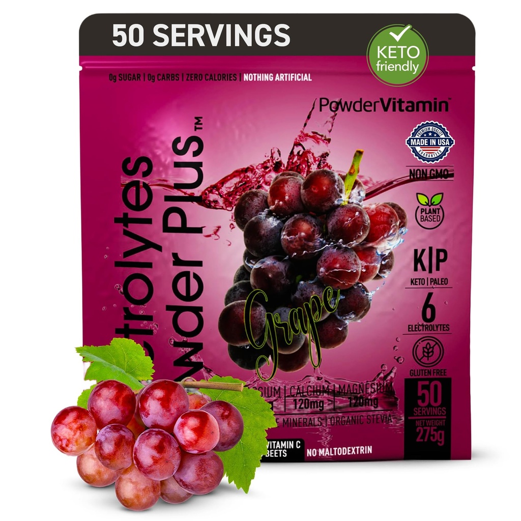 PowderVitamiin Elektrolüüdid Powder Plus (50 Servings) Viinamarja elektrolüüt Pulber Nullkalor Keto, 0 Suhkur, Ei Maltodekstriini,1000mg Kaalium,120mg Kaltsium,120mg Magneesium, Hüdratsioonipulber