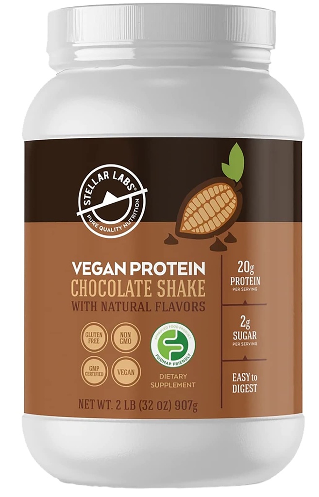 Stellar Labs Vegan Valgu Pulber BCAA & Antioksüdantidega | Sertifitseeritud Madala FODMAPi, Mitte GMO, Gluteenivaba, Sojavaba, Madala Süsivesikusisaldusega, Steviaga | Lean Plant Based Protein Powder Shakes | Chocolate
