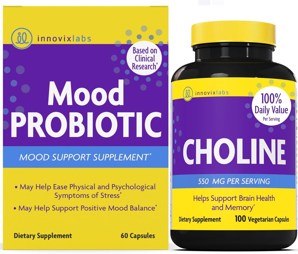 InnovixLabs Koliin & Mood Probiootiline Koondis Bitartraat 550 mg (100 kapslit) Mood Probiootikum (60 kapslit). Toetab mälu, meeleolu, aju tervist ja suurendab kognitiivset.