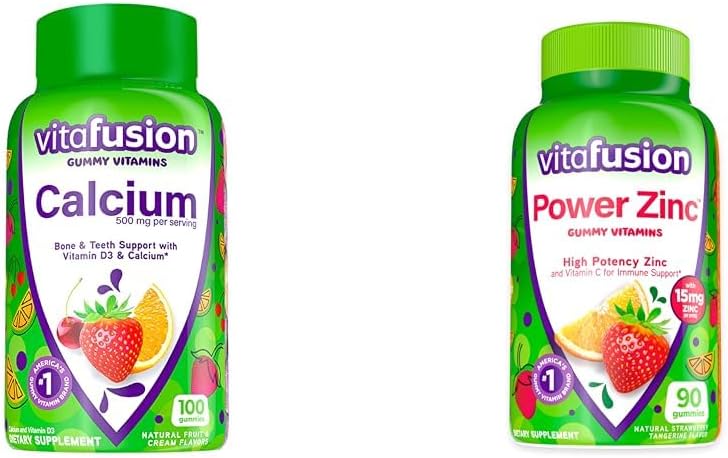 Vitafusioon Kaltsiumkummi vitamiinid luude toetamiseks, 100 loend ja võimsus tsinkkummi vitamiinid immuunsuse toetamiseks, 90 loend