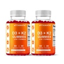 Vitamatic Vitamiin D3 & K2 Gummies (2-Pack, 60 Count) toetab tervislikke luid, südame tervist, kaltsiumi imendumist ja immuunsusfunktsiooni taimepõhist, mitte-GMO-d, gluteenivaba
