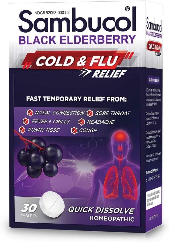 Sambucol Cold and Flu Relief Tabletid - Homöopaatiline Külma Ravim, Külma Ravim Täiskasvanutele, Must Elderberry Külmadeks, Tsink Külma Ravim - 30 Count