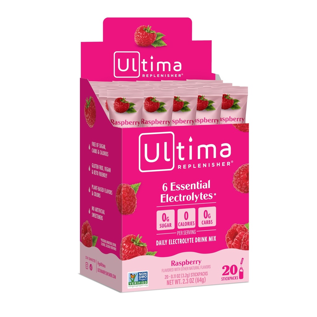 Ultima Replenisher, Electrolyte Hydration Drink Mix, Vaarika, 20 Count Stickpacks Box - Sugar Free, 0 kalorit, 0 Carbs - Gluteenivaba, Keto, Non-GMO, Vegan
