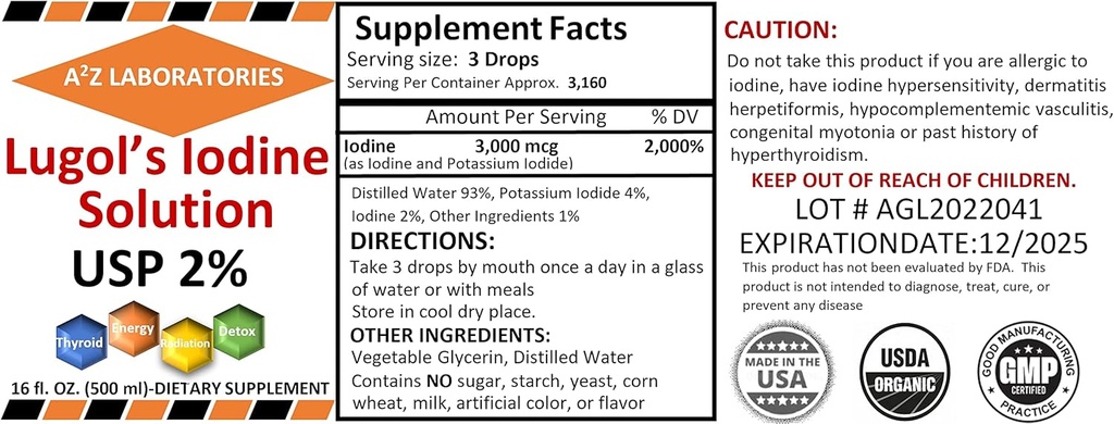 A2Z Orgaaniline Lugol jood ja kaaliumjodiid 2% lahus 3000 mcg - Vedel täiendus tilgad kilpnäärme toetamiseks naistele ja meestele, ainevahetus Tervis, Detox Boost -16 Fl Oz / USA / Laevad Täna! (2 PK)