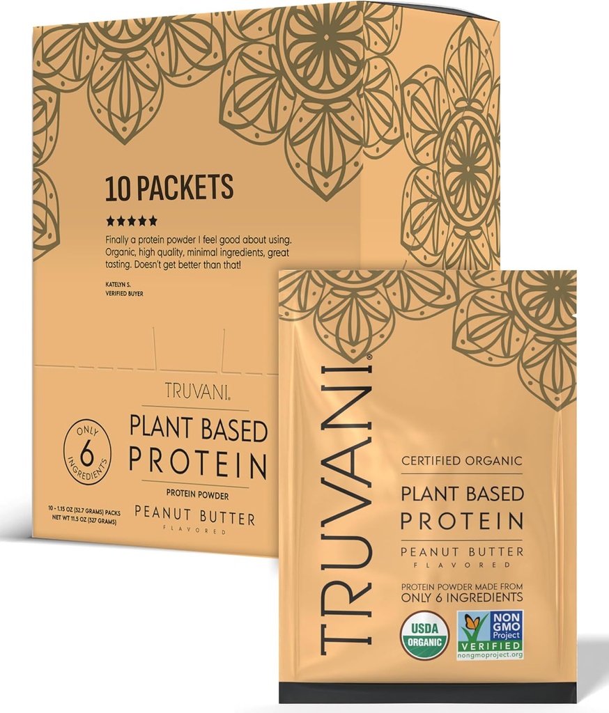 Truvani Vegan Hernevalgupulber | Maapähklivõi | 20g Orgaaniline Taimne Valk | Ühe serveeritavad reisipaketid | 10 Servingut | Keto | Gluteen & Piimavaba | Madala süsivesikusisaldusega | Suhkrulisandita