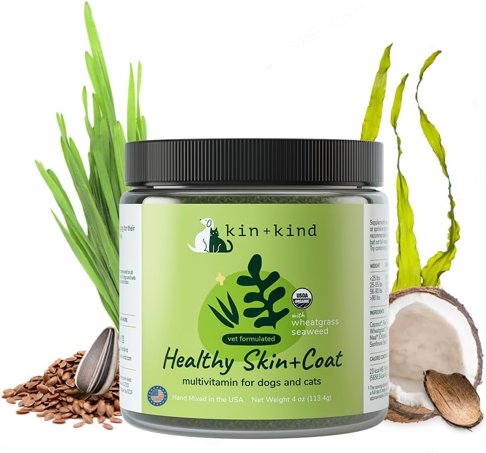 kin + liiki orgaaniline multivitamiin koertele ja kassidele - lemmikloomade toidulisand tervislikule nahale ja mantlile - ohutu, looduslik valem nisu, kelp, merevetikad ja kookospähkliga - valmistatud USAs - 4 oz (keskmine)