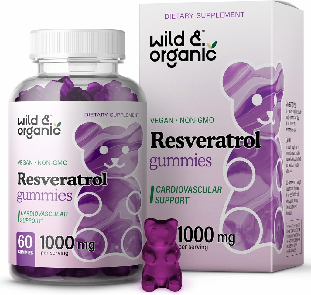 Wild & Organic Resveratrol Gummies 1000mg - Trans-Resveratrooli lisand antioksüdandile, ajule, immuunsüsteemile - 60 veganit, mitte-GMO antioksüdandid kummikud
