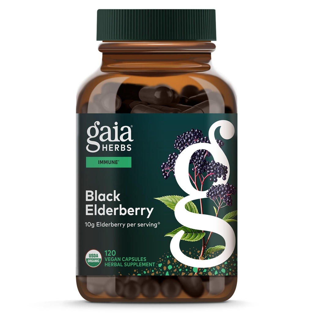 Gaia maitsetaimed Black Elderberry - Daily Immune Support Supplement, mis aitab toetada heaolu - Black Elderberries & Acerola Fruit antioksüdantide toetuseks * - 120 Vegan kapslit (60-päevane pakkumine)