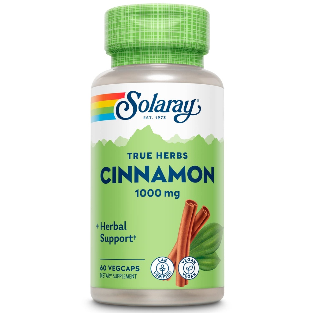 SOLARAY True maitsetaimed Kaneelikoor 1000mg - Maandatud kaneelilisandid - Taimne toetus üldise heaolu - Non-GMO projekti kontrollitud - Vegan kapslid, 60-päevane garantii - 30 Servings, 60 VegCaps