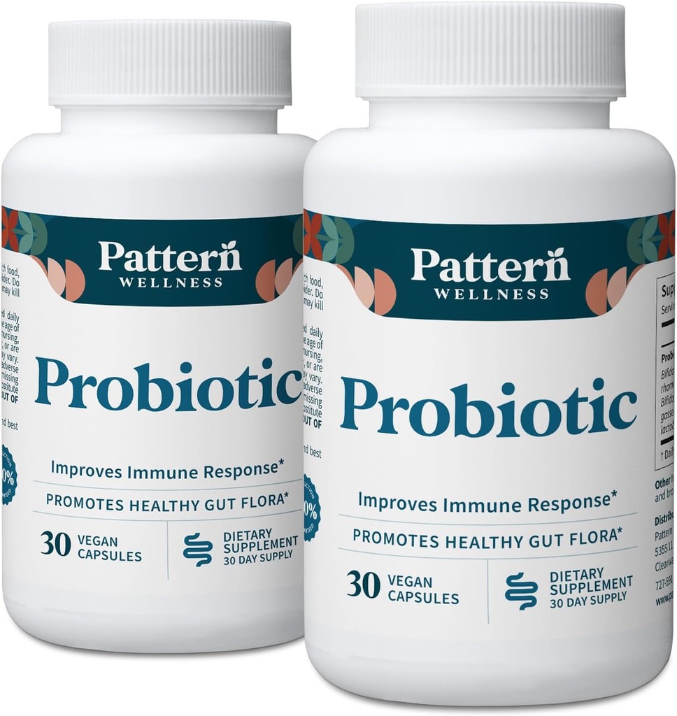 Pattern Wellness Probiootiline täiendus - 51 miljardit CFU - toetab seedetrakti tasakaalu ja soolestiku heaolu - teadlikult hangitud, mitte-GMO - 60 vegankapslit